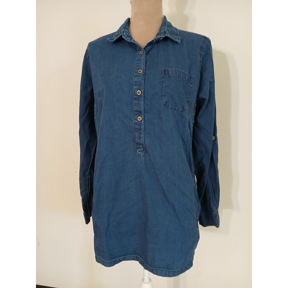 National Denim Tunic Top Womens Large Blue Cotton Henley Roll Tab Sleeve Pockets